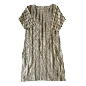 Lilya Dress Womens XS Linen Striped Boatneck Midi Long 3/4 Sleeve Coastal Beachy